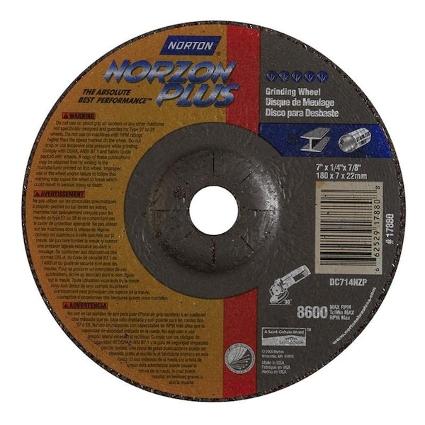 Norton Co Grinding Wheel, Depressed Center, Type 27 - Metal - NorZon Plus, 7 x 1/4 x 7/8, Max RPM: 8600 662529-17880 - main